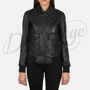 Women Black Real Leather <b>Jacket</b> Shirt Collar Slim Fit Premium Sheepskin Casual Winter <b>Bomber</b> Style Outerwear Zip Up Coat - Product Image 3