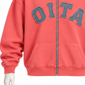 Coral Mens <b>Zip</b> Up <b>Hoodie</b> Heavyweight Cotton Fleece Chenille Letter Applique Oversized Streetwear Sweatshirt with Front <b>Pockets</b> - Product Image 5