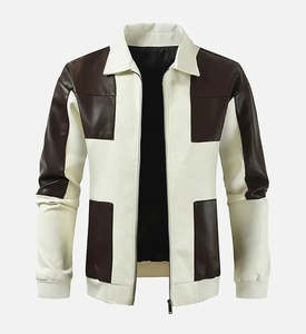 Custom Wholesale <b>Men's</b> Color Block PU Leather Jacket Streetwear Slim Fit Zip Up Vintage Casual Varsity Bomber <b>Coat</b> High Quality - Product Image 3
