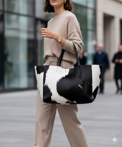 Cowhide <b>Tote</b> <b>Bag</b> Women's Fashion Shoulder <b>Bag</b> Black <b>White</b> Pattern Large Capacity Daily Use All Seasons - Product Image 6