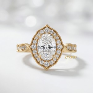 Anillo de Compromiso Clásico Vintage con Diamante Cultivado en Laboratorio de Corte Ovalado, Bordes Milgrain, Chapado en Oro de 14K/18K, para Aniversario de Bodas o Fiesta - Product Image 5