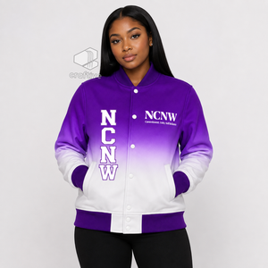 เสื้อแจ็คเก็ตวาร์ซิตี้ผ้าซาตินออมเบรสำหรับผู้หญิง NCNW Sorority ปักลายตัวอักษรกรีก กระดุมแป๊ก คอเสื้อและปลายแขนเสื้อถักแบบริบ แจ็คเก็ตเลตเตอร์แมน - Product Image 5