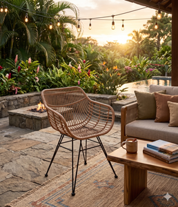 Chaise de salle à manger d'extérieur moderne en rotin synthétique PE, fauteuil de patio de luxe à pieds métalliques, mobilier de jardin minimaliste en osier pour café et restaurant - Product Image 5