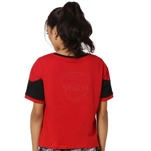Camiseta de Cuello Redondo para Mujer, Diseño de Bloques de Color, Manga Corta, Corte Holgado, Informal, de Algodón Jersey, con Rayas Rojas, Blancas y Negras - Product Image 3