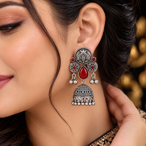 Pendientes Jhumka de Plata con Corte de Pera en Color Rojo Étnico, Estilo Bollywood, para Bodas, Venta al Por Mayor de Joyería para Mujer, Disponibles en Stock - Product Image 6