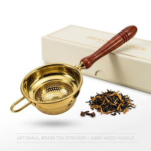 Brass <b>Tea</b> Strainer Fine Mesh <b>Tea</b> <b>Infuser</b> Wooden Handle Loose Leaf <b>Tea</b> Filter Reusable <b>Tea</b> Brewing Strainer Kitchen Accessories - Product Image 1