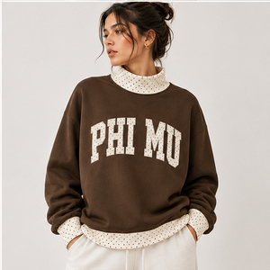Sudadera de cuello redondo para mujer Phi Mu, azul marino con ribete de lunares, de algodón tejido, holgada, transpirable y cómoda, con cuello simulado. - Product Image 3