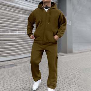 OEM Made Men's Winter Oversized Classic Full <b>Zip</b> 100% Cotton Sweatsuits 2-Piece Long Sleeve Warm Hoodies Sets Pockets - Product Image 1
