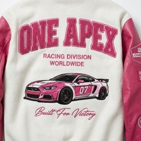 Blouson bomber rose personnalisé style Letterman avec manches en cuir, extérieur en laine et tissu toile – Streetwear hiver Motorsport