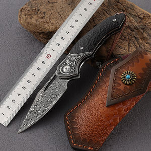 Cuchillo de Bolsillo de Acero de Damasco de Grado Industrial, Personalizable OEM, para Caza al Aire Libre, Portátil, Multifuncional, para Camping, con Mango de Madera - Product Image 4