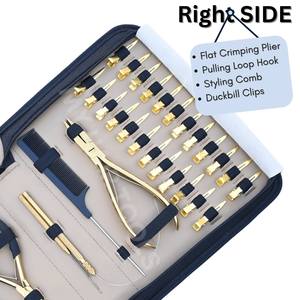 Kit d'outils pour extensions capillaires dorées, robuste, comprenant : Pince à extensions adhésives, Pince à démonter les perles, Pince à sertir plate multi-usage, Peigne à queue de rat et Pinces bec de canard - Product Image 4