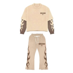 New Arrival Premium Quality Double Layer Sweatshirt & Trouser <b>Tracksuit</b> Set Open Hem Distress Embroidery Heavyweight <b>Tracksuits</b> - Product Image 1
