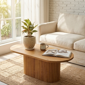 Table à manger ovale en bois massif moderne, base en piédestal cannelé, en teck artisanal, style minimaliste Japandi, pour la maison ou un restaurant - Product Image 6