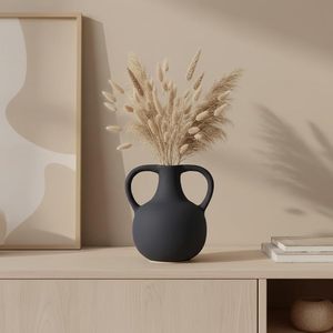 Vase à fleurs en céramique noire mate à double poignée, vase décoratif de table pour la maison, les mariages et l'aménagement d'étagères - Product Image 1