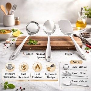 Ensemble d'ustensiles de cuisine en acier inoxydable, 3 pièces – Louche, cuillère ajourée et spatule |   Outils de cuisine durables résistants à la rouille |   Argent - Product Image 3