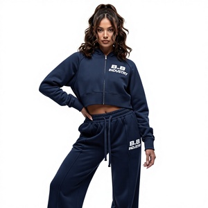 Ensemble de survêtement pour femme en molleton de coton doux, rose vif, comprenant un sweat à capuche court zippé et un pantalon large, style streetwear confortable - Product Image 2