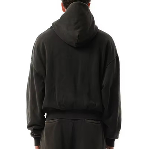 Sudadera Unisex Negra con Capucha y Cremallera, de Forro Polar, Oversize, Casual, Color Liso, Largo Recortado, de Algodón Tejido, Invierno, Vintage, con Logotipo Personalizado - Product Image 2
