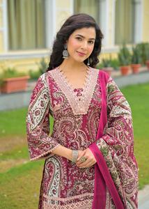 ชุดส่าหรีผ้าฝ้ายพิมพ์ลายกัลัมคารีสีชมพูสำหรับผู้หญิง พร้อมผ้าคลุมไหล่ แขน 3/4 ความยาวระดับเข่า แห้งเร็ว สไตล์อินเดียดั้งเดิม - Product Image 2