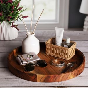 Round Acacia Wood Tray Coffee <b>Table</b> Tray Ottoman Tray Decorative Kitchen <b>Table</b> Organizer & Home Décor <b>Vanity</b> Catchall Tray - Product Image 4