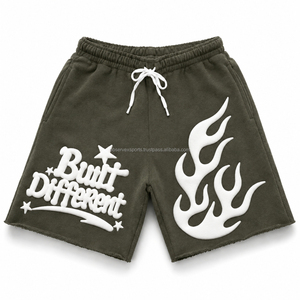Shorts de jogging pour hommes, style streetwear vintage, coupe oversize, effet délavé soleil, délavé à l'acide, broderie chenille, imprimé en relief - Product Image 6