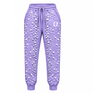 Lavender Pearl Beaded <b>Jogger</b> Pants <b>Women</b> Luxury Embellished Drawstring Sweatpants Casual Streetwear <b>Fleece</b> Trousers With Pockets - Product Image 1