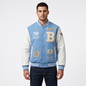 Chaqueta Varsity Azul Claro para Hombre Dumela, Estilo Preppy, Insignia Bordada, Cierre de Botones Frontales, Ropa de Invierno, Resistente al Viento - Product Image 3