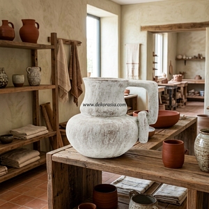 Jarra de Cerámica Rústica Curvana de Terracota, Hecha a Mano, con Asa Unida, Acabado Desgastado con Pátina Blanca - Product Image 6