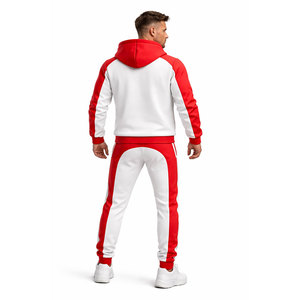 Conjunto de chándal rojo y blanco con contraste para hombre – Sudadera con capucha y cremallera y pantalones jogger, ropa deportiva ajustada para gimnasio, conjunto informal para fitness - Product Image 5