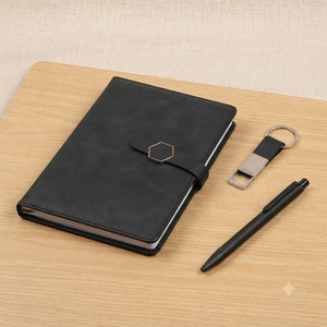 Coffret Cadeau d'Entreprise Noir Professionnel avec Couverture de Bouton en Éponge Premium, Agenda Relié 192 Pages, Porte-clés Métallique Élégant - Product Image 6