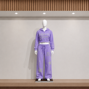 Ensemble de sweat-shirt à capuche violet pour femme For Exchange, imprimé étoiles à paillettes, streetwear, coupe classique, 2 pièces, short, 100% coton - Product Image 1