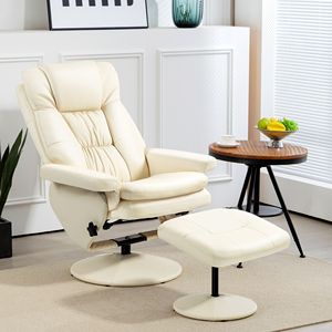 Poltrona Reclinabile Girevole Bianco Crema con Poggiapiedi Imbottito e Base Avvolta, Maniglia di Facile Utilizzo per Soggiorno - Product Image 2