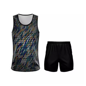 Chaleco sin mangas con estampado geométrico sublimado para hombre, con pantalones cortos negros con cintura elástica, uniforme deportivo que absorbe la humedad, para todas las estaciones - Product Image 1