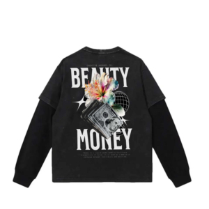 เสื้อยืดกราฟฟิกคัทแอนด์ซอฟท์สองชั้น ผ้าคอตตอน 100% ทรงดรอปไหล่ แขนยาว ซักย้อมแบบแอซิดวอช สำหรับผู้ชาย - Product Image 1