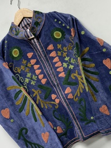 Velvet Hand Embroidered Floral <b>Vintage</b> <b>Bomber</b> <b>Jacket</b> O-Neck Collar Full Sleeve Winter Women's Quick Dry Thick Cotton Indian 500g - Product Image 4