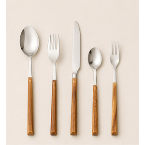 Ensemble de couverts modernes en acier inoxydable de qualité supérieure, respectueux de l'environnement, avec manches en bois naturel imitation, finition miroir élégante, logo personnalisé - Product Image 3
