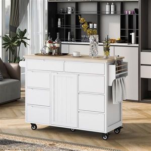 Carrello da Cucina Moderno con Piano in Legno di Gomma, 8 Cassetti Estraibili e Organizzatore per Posate, 5 Cassetti Estraibili Inclusi - Product Image 1
