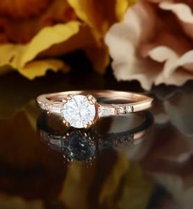 Round Cut Moissanite Engagement <b>Ring</b> Baguette Diamond Vintage Art Deco <b>Ring</b> <b>925</b> Sterling <b>Silver</b> Elegant Bridal Statement <b>Ring</b> - Product Image 3