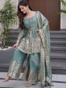 Women Green Embroidered Anarkali Suit With Net Dupatta Stage Performance Wear - Product Image 3