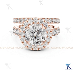 ชุดแหวนแต่งงานและหมั้นเพชร CVD สี E ทรงกลมแบบ Halo ประดับเพชรแบบ Pave จาก KRUP JEWELS ชุบทอง 14K 18K - Product Image 5
