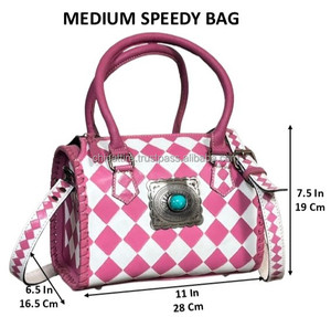 Custom Logo Hand Carry Overnight Weekender Duffle Bag Designer Hand <b>Tooled</b> Checkered <b>Leather</b> Medium Travel Speedy Bags for Women - Product Image 2