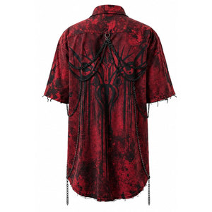 Camisa gótica de manga corta para hombre con estampado de calaveras y cadenas, dobladillo rasgado, cuello vuelto, estilo casual de verano. - Product Image 6