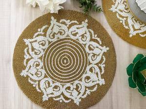 Handmade <b>Beaded</b> Polyester/Cotton Floral Embroidered Stripe Eco-Friendly <b>Placemat</b> Gold and White Home & Hotel Use - Product Image 3