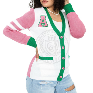 Cárdigan de punto acrílico rosa y verde Sorority Alpha K con bordado de letras griegas, manga larga, cuello en V, suéter para mujer, estilo universitario. - Product Image 1