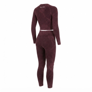 Women Burgundy Acid Wash <b>Long</b> <b>Sleeve</b> Crop <b>Top</b> Leggings Set High Waist Gym Yoga <b>Workout</b> Activewear - Product Image 3