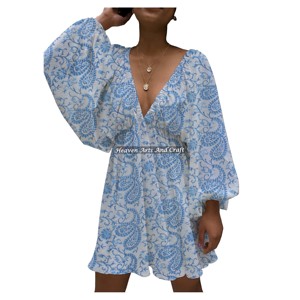 Nuevo Vestido Casual de Algodón Natural con Estampado y Cuello en V Profundo para Mujer, Estilo Europeo Americano, Verano 2026 - Product Image 1