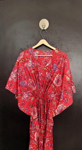 Traditional Hand-<b>Block</b> <b>Printed</b> Floral Cotton Kaftan Premium Breathable Eco-Friendly Fabric Natural Waist V-neck Midi - Product Image 4