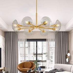 Lustre Sputnik moderne doré à 8 lumières avec abat-jour en verre transparent, style mi-siècle, luminaire suspendu pour salle à manger et salon - Product Image 1