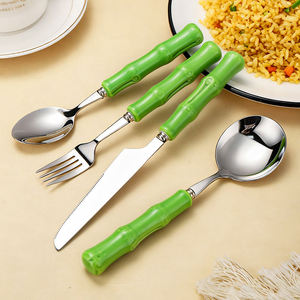 Ensemble de couverts en acier inoxydable 304 avec manche en bambou épais, couteau, fourchette, cuillère, ensemble de vaisselle en bambou vert - Product Image 2