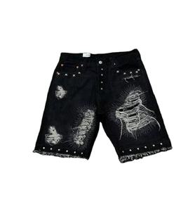 Pantalones Cortos de Mezclilla Negros Desgastados para Hombre, Talla Grande, Estilo Veraniego, Holgados, Y2K, Streetwear, con Pedrería, Lavado Personalizado, Precio Accesible - Product Image 1
