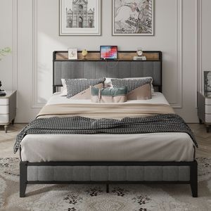Struttura letto matrimoniale con piattaforma in metallo grigio, testiera imbottita e stazione di ricarica integrata - Product Image 3